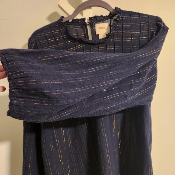 Anthropologie Maeve Reston Blouse | Navy Gold Metallic‎ Stripe Large, Like New! - Picture 10 of 10